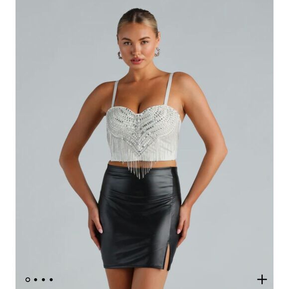 WINDSOR "I'M THE CATCH" WOMEN'S SEQUIN RHINESTONE FRINGE WHITE BUSTIER Sz SMALL - Picture 3 of 8